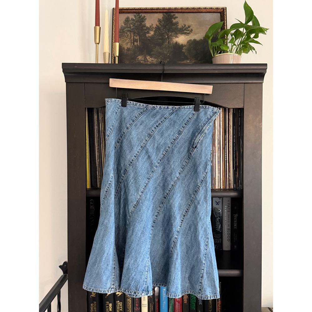 Stamp 10 Denim Midi Skirt Women 8 Blue Diagonal Seam Paneled Flare